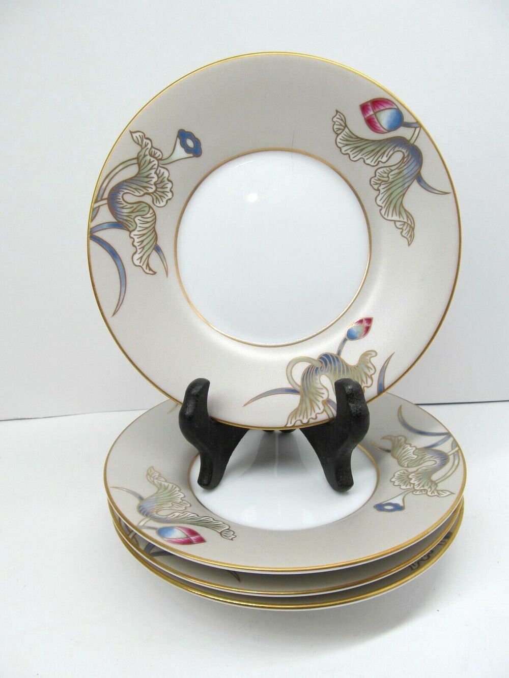 Fitz And Floyd Cloisonne Lotus 5 1/2" Saucers Set Of 4 Saucers Excellent Cond